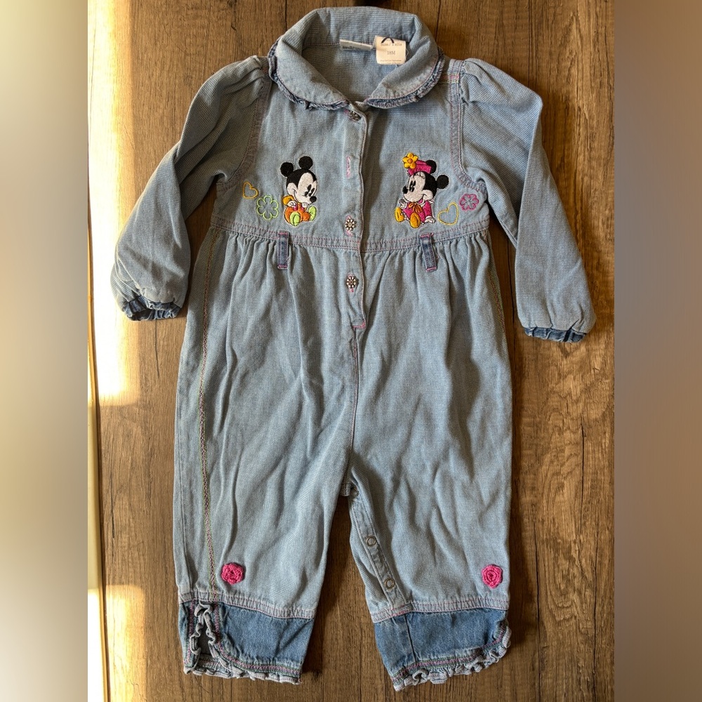 Vintage 90s 2000 Y2K Baby Mickey Baby Minnie Denim Jumpsuit Romper One Piece 18M